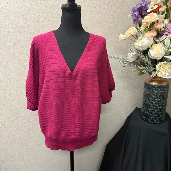 Tahari Sweaters - Tahari Deep Pink Ribbed Dolman Sleeve V-Neck Knit Top Elegant Workwear Chic